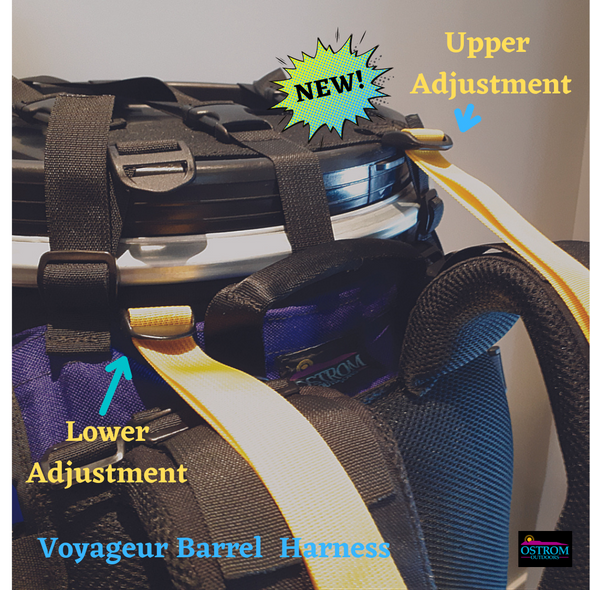 Purple Ostrom Voyageur Canoe food Barrel Harness, Portage Barrel Harness Load Shifter straps view. Canoe camping trip. Canada, image.